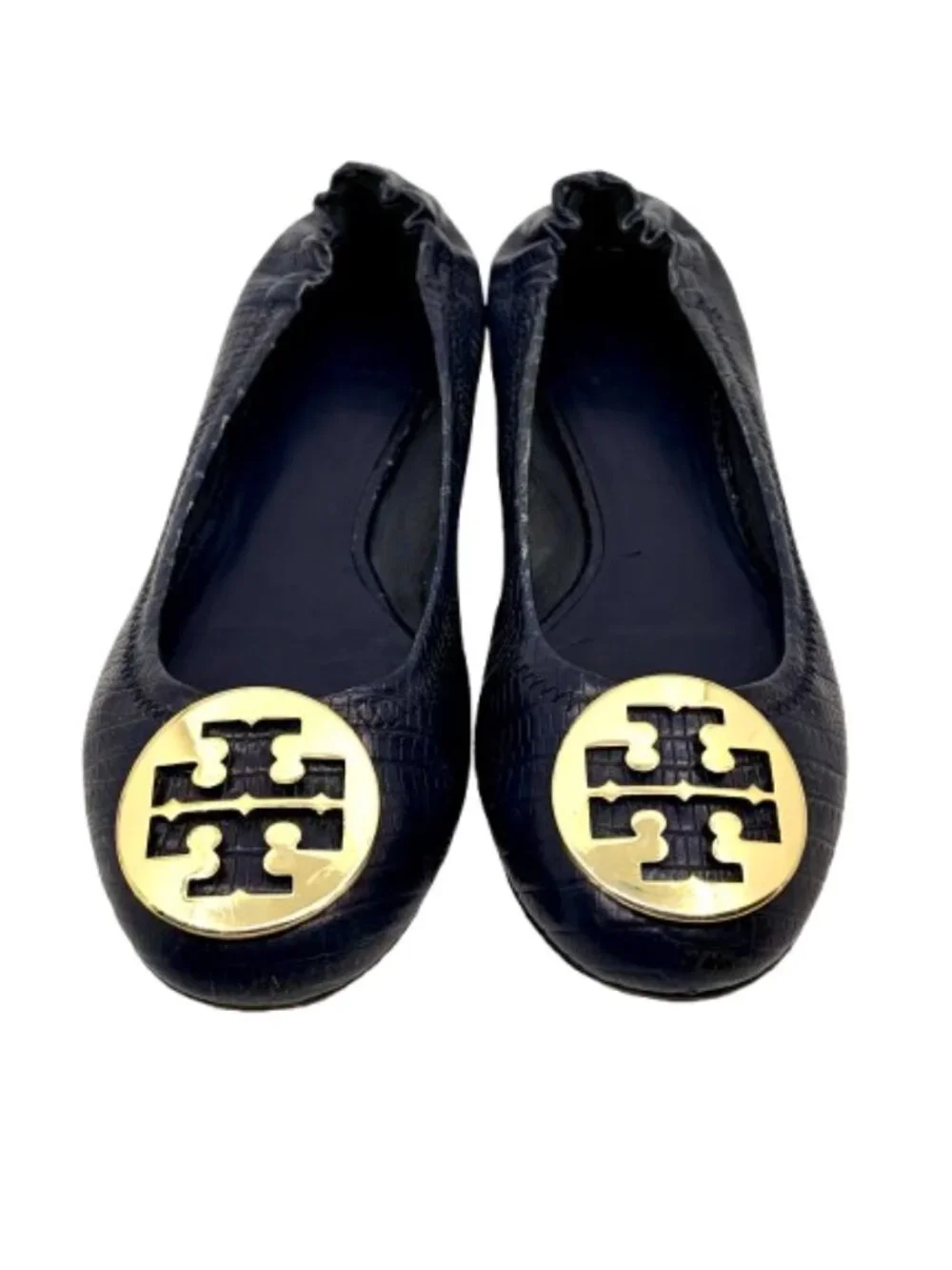 TORY BURCH~Gold Reva Logo~BALLET FLATS~NAVY BLUE EMBOSSED LEATHER SHOES~8.5M